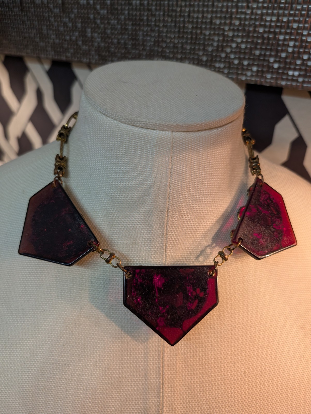 Stunning Necklace With 3 Dark Amber Pendants W/Large Sparkling Rhinestones