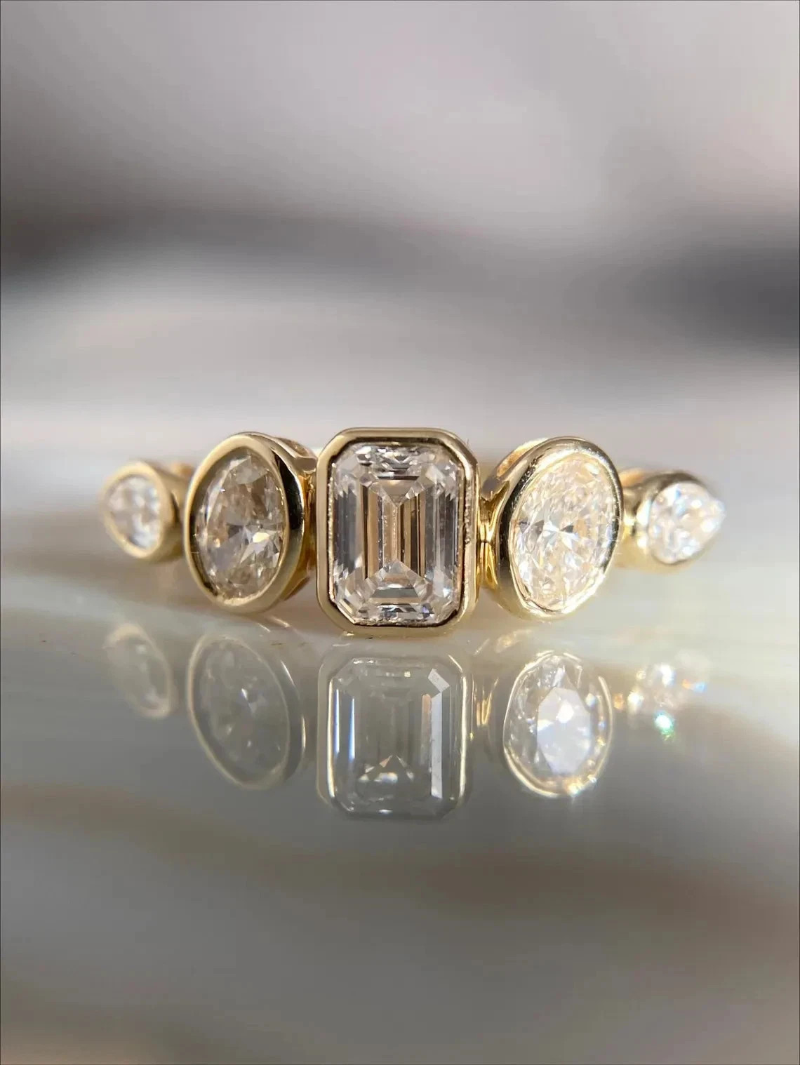 4Ct Emerald Cut Bezel 5 Stone Moissanite Engagement Ring 14K Yellow Gold Plated
