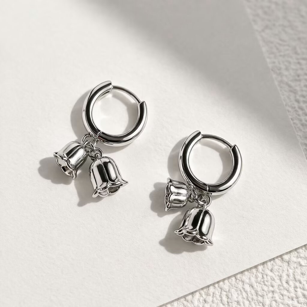 925 Silver Tulip Flower Dangle Huggie Hoop Earrings Floral Drop Earrings 173