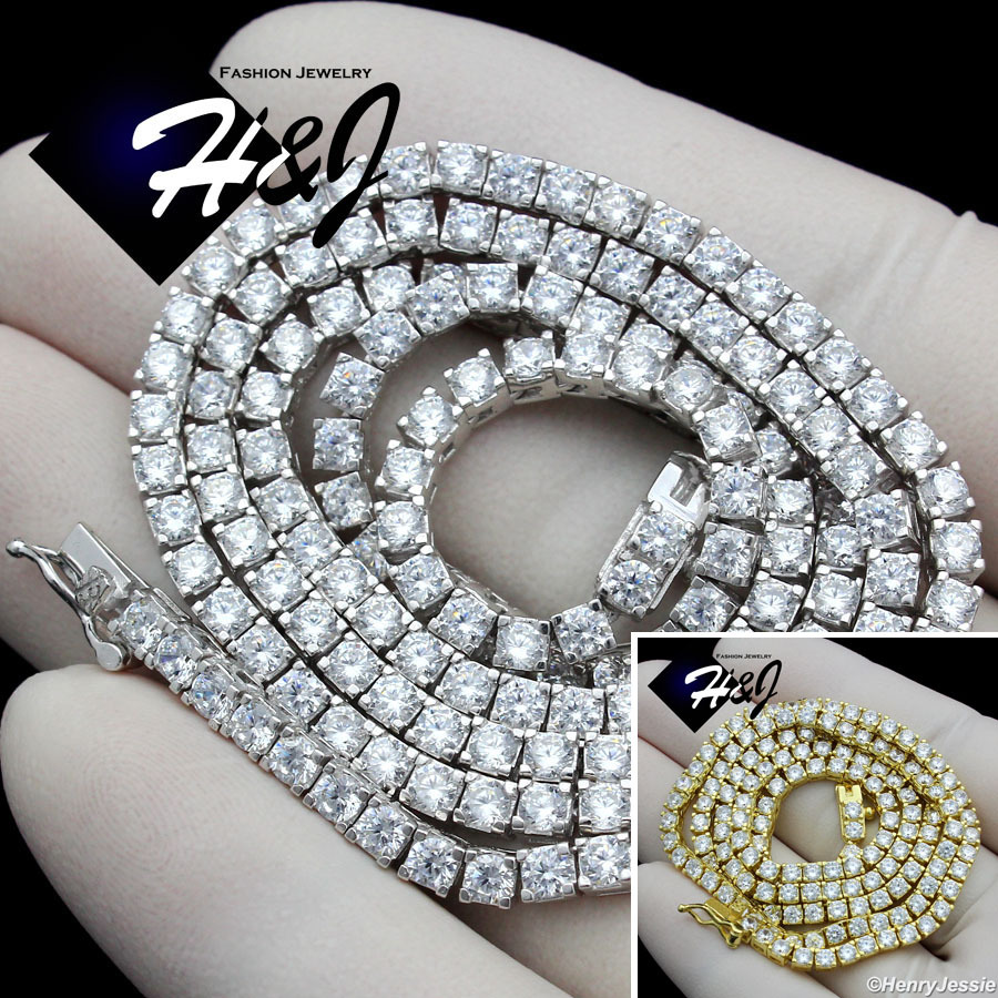 18-28″MEN 925 STERLING SILVER ICY CZ 3MM GOLD PLATED/SILVER TENNIS NECKLACE*N10