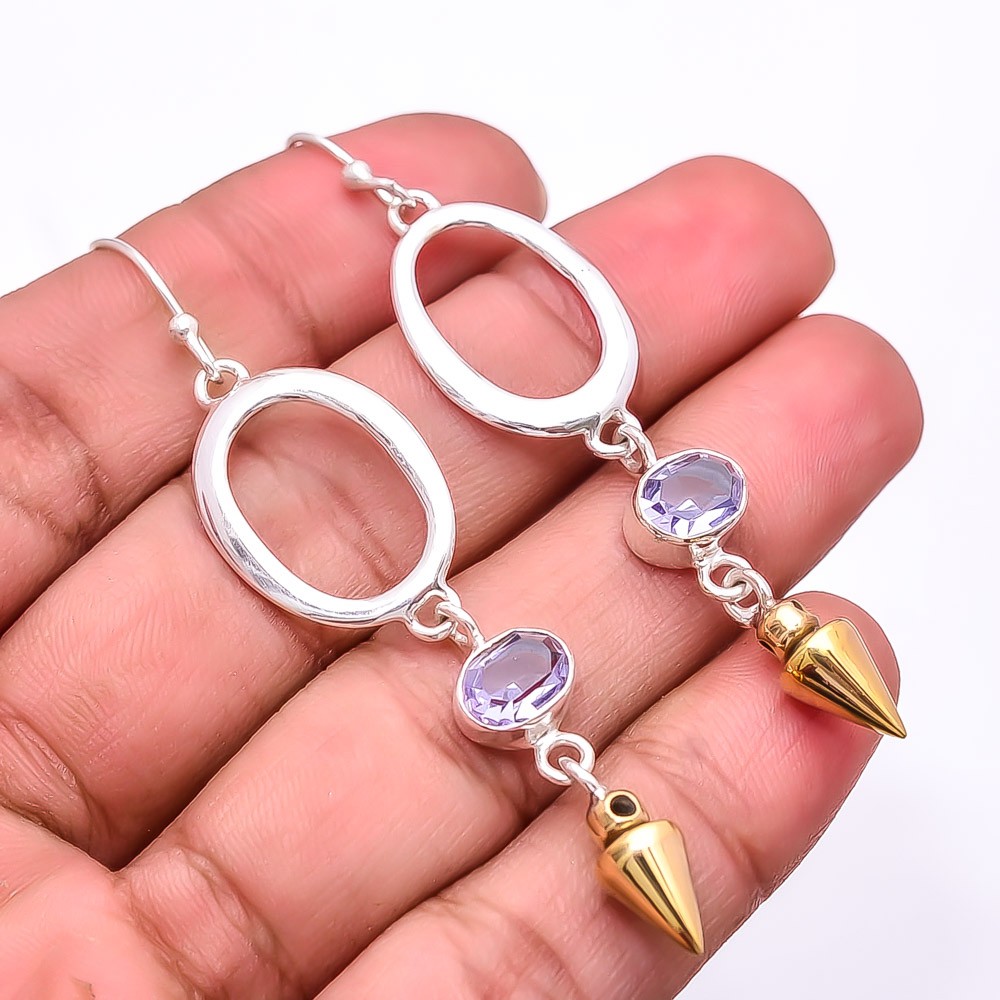 White Topaz 925 Sterling Silver Two Tone Arrow Head Earring 2.73″ E_9283_225_3