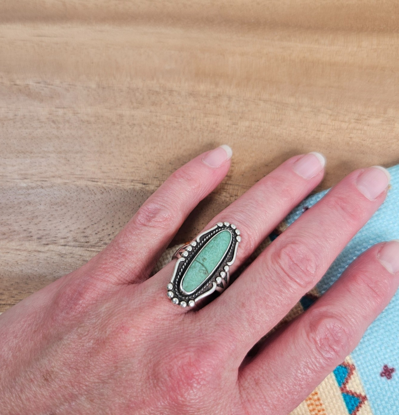 Bell Trading Post Navajo Sterling Silver Variscite Bead Twist Ring Size 7.5 Band