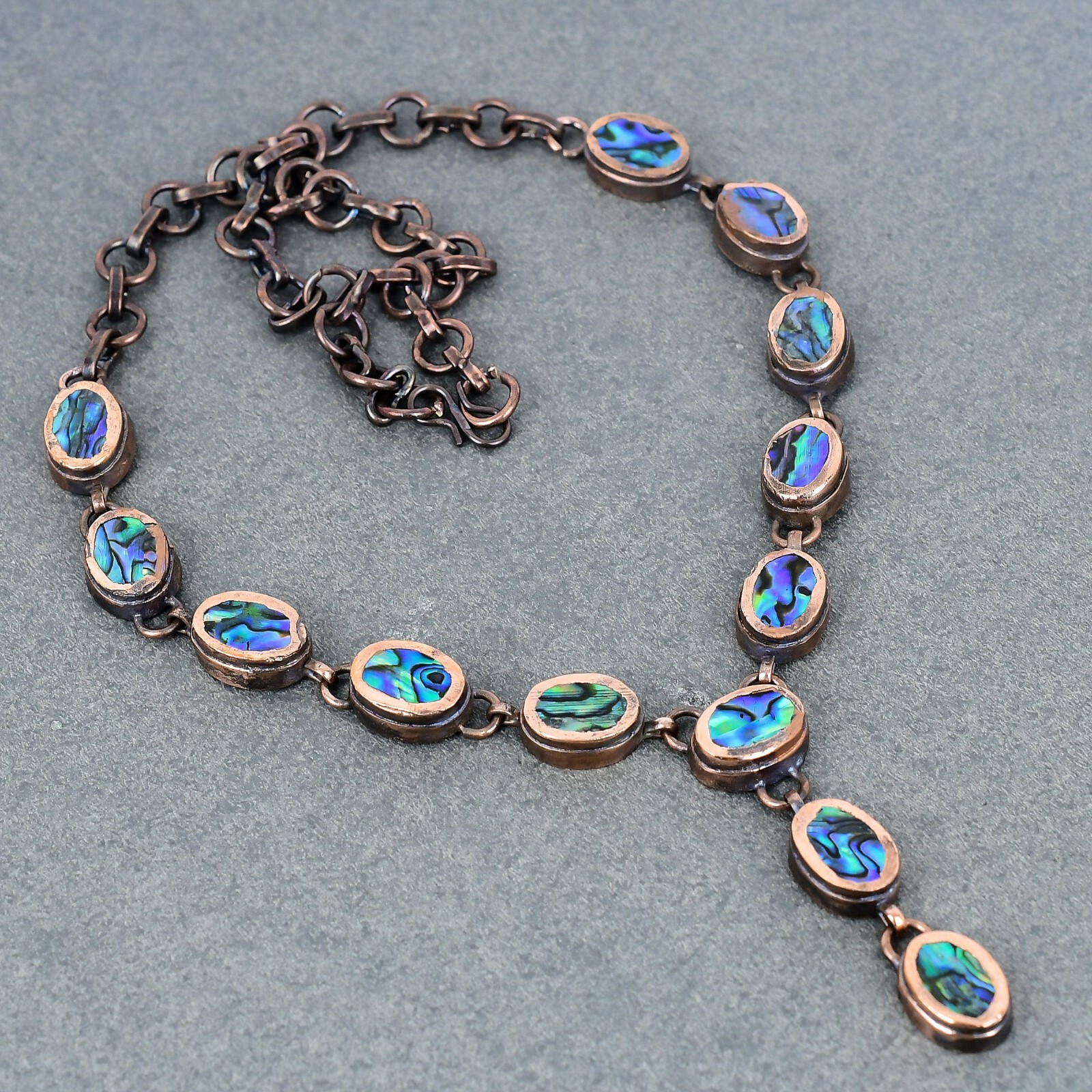 Copper Oval Abalone Shell Gemstone Chain Bezel Electroformed Necklace Jewelry