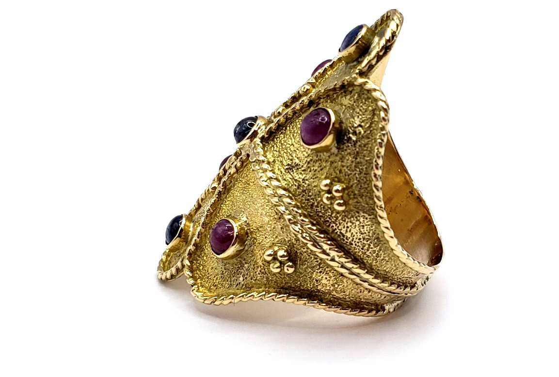 18K Yellow Gold Etruscan Byzantine Ruby & Sapphire Ring