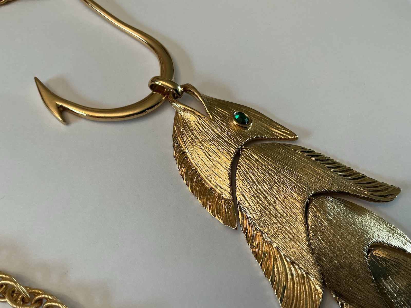 Vintage Napier Gold-Plated Articulated Fish on Hook Pendant Necklace