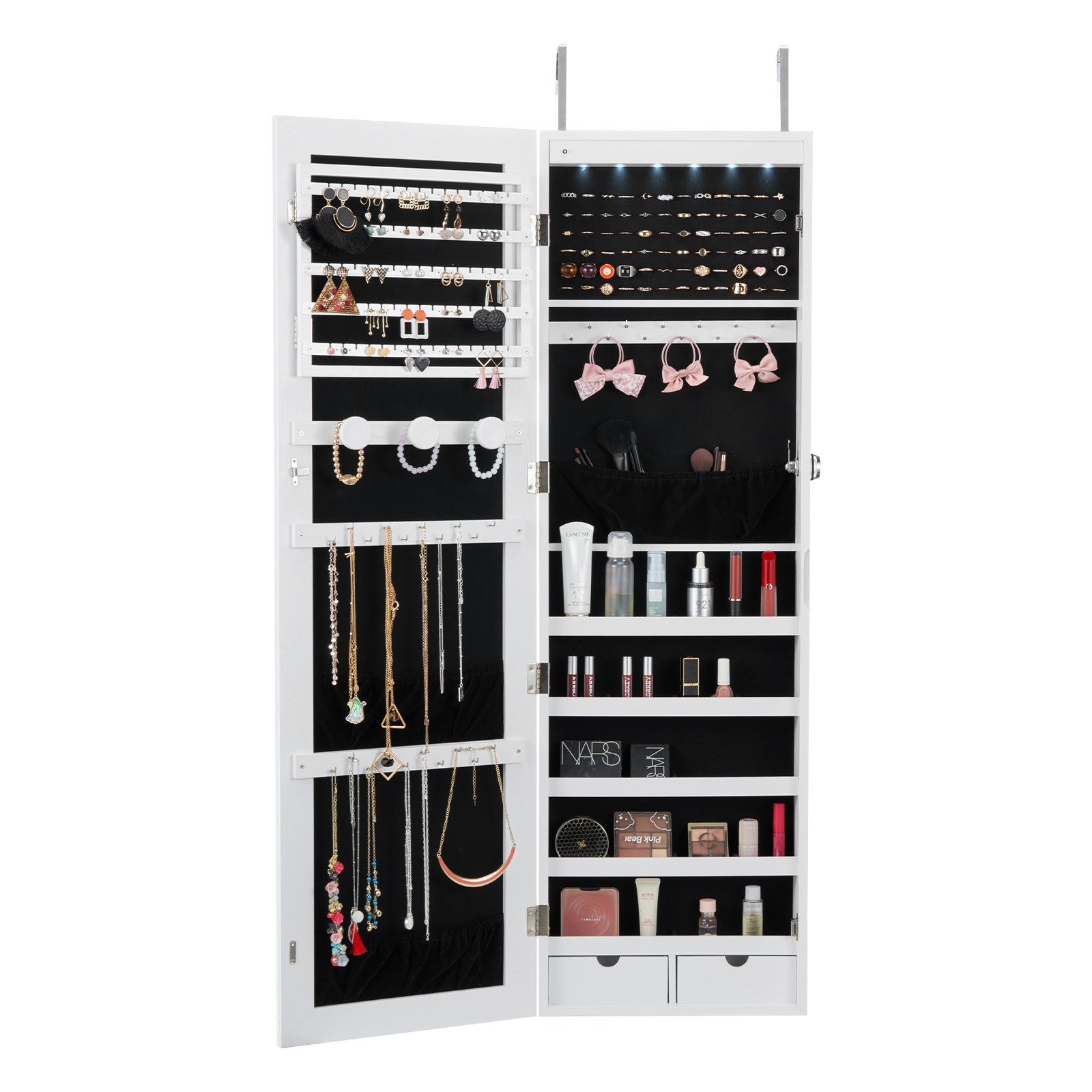 Uimoso Mirror Jewelry Cabinet47.05in Lockable Wall or Door Mounted Armoire White