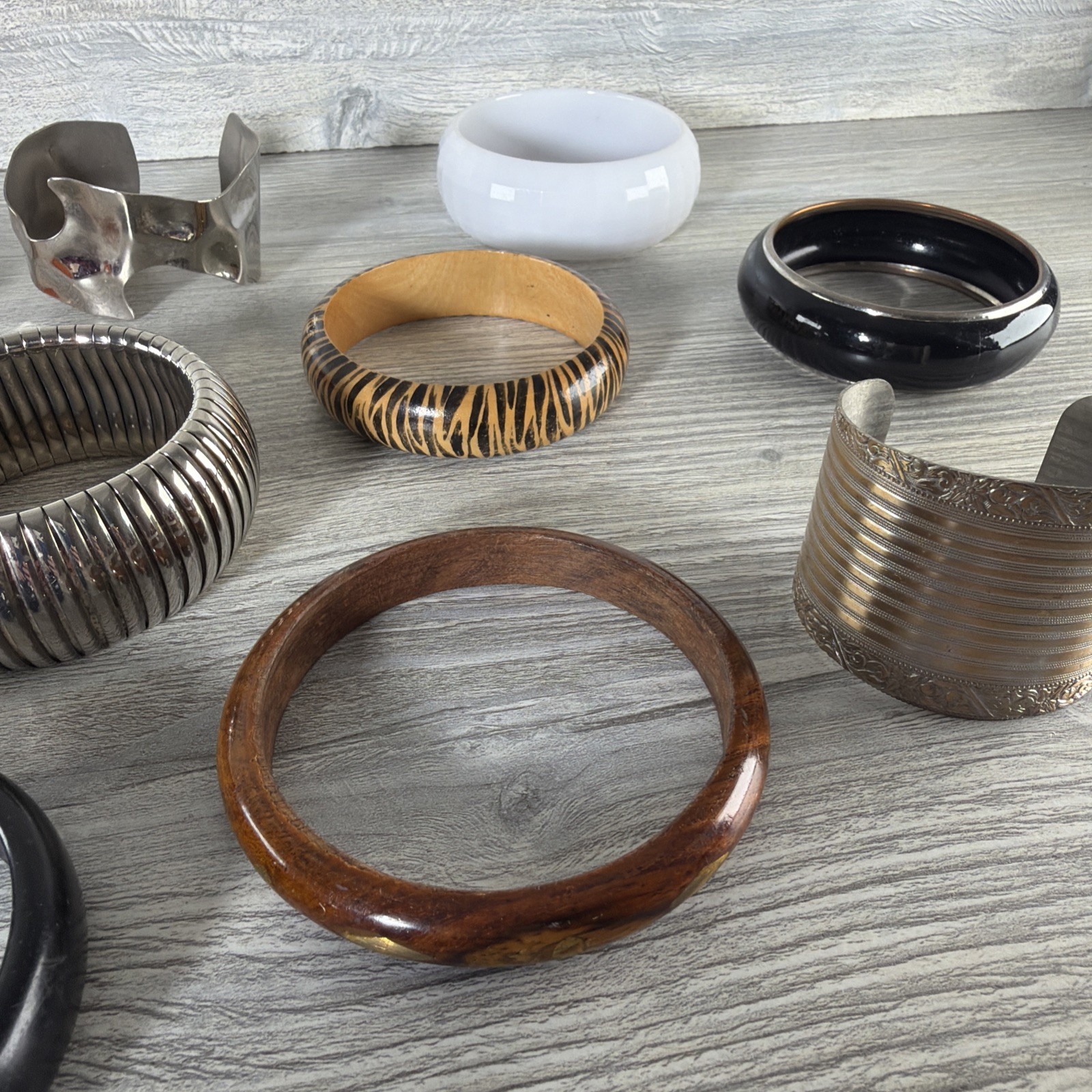 15 Pc Lot Bracelets Silver Brown Multi Color Metal Wood Plastic Mix Bangles Cuff