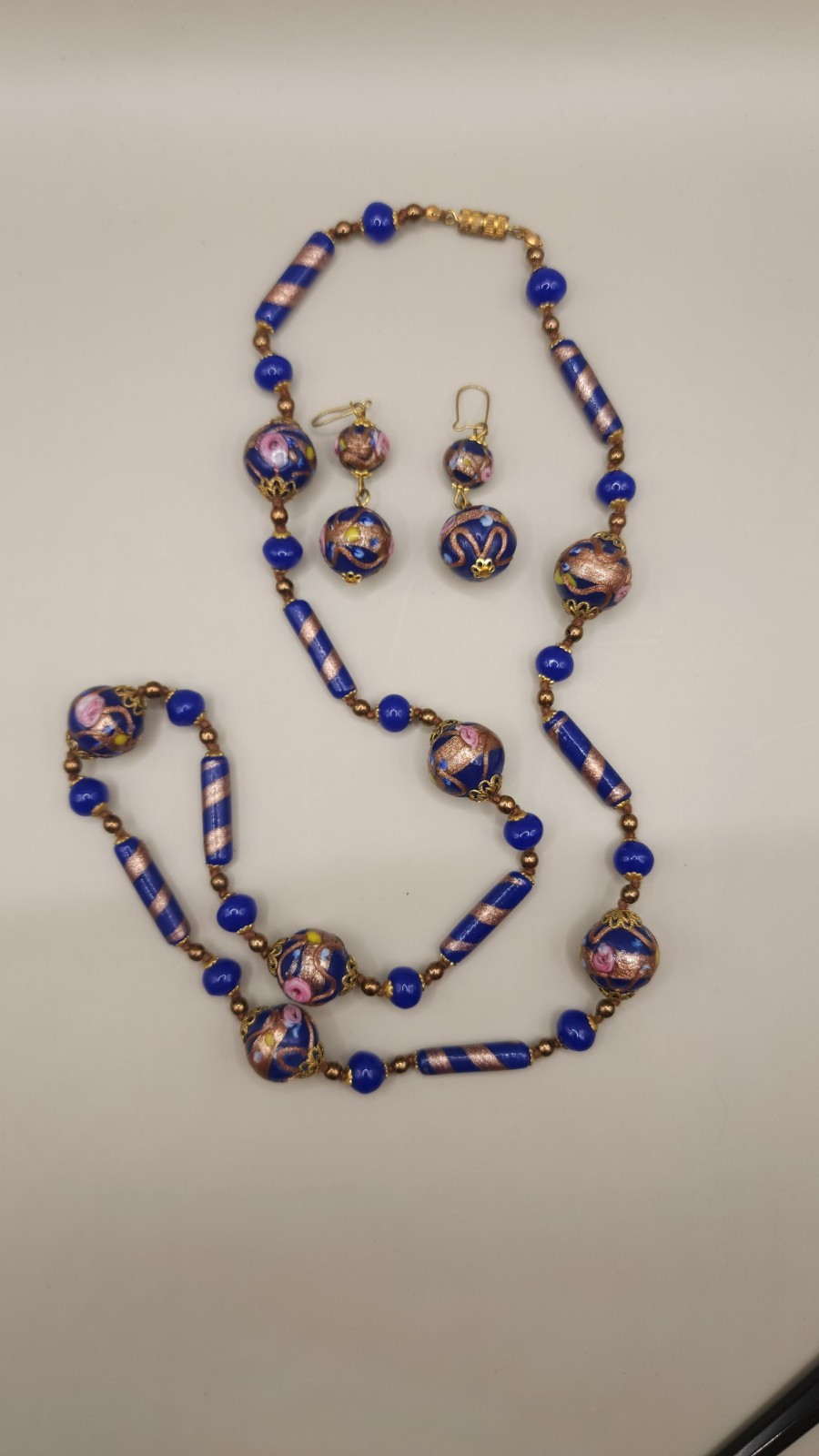 Vintage Murano Glass Wedding Cake Bead Necklace Earrings Set Cobalt Venetian