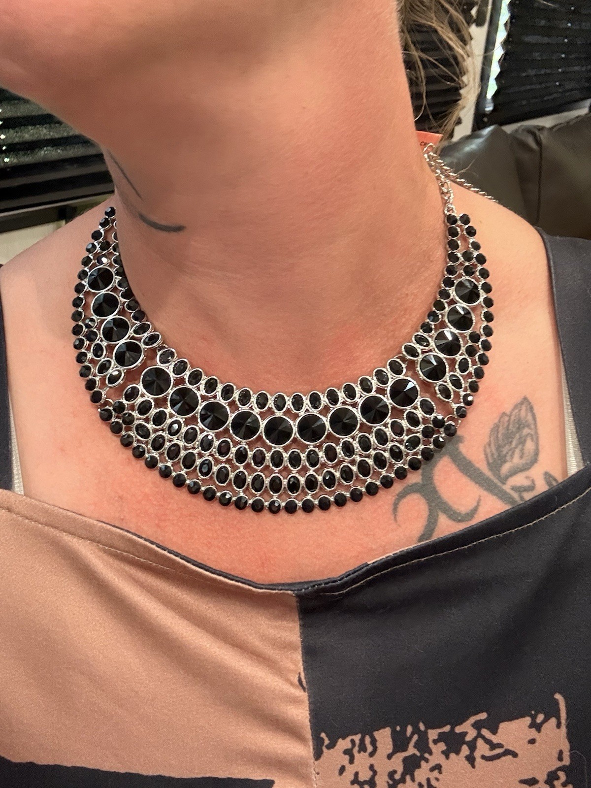 Black Round Crystal Multi-Row Statement Collar Necklace Silver Plated Lobster