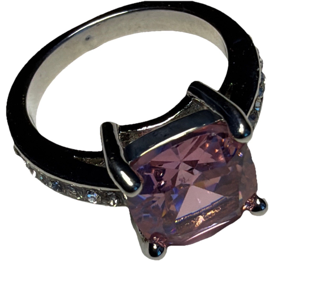 Large Square Pink Stone Ring / Silver Tone/ Size 7/ Prongs/ New w/o Tags
