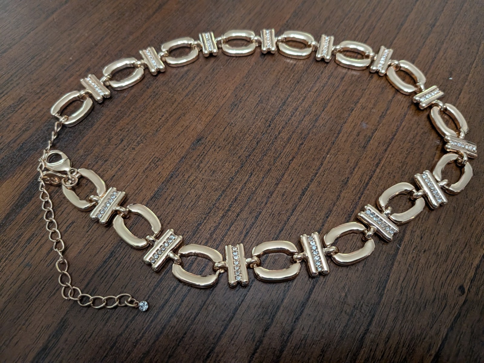 Gold Tone Chunky Chain Necklace Choker Clear Rhinestone Pave Link Adjustable 22″