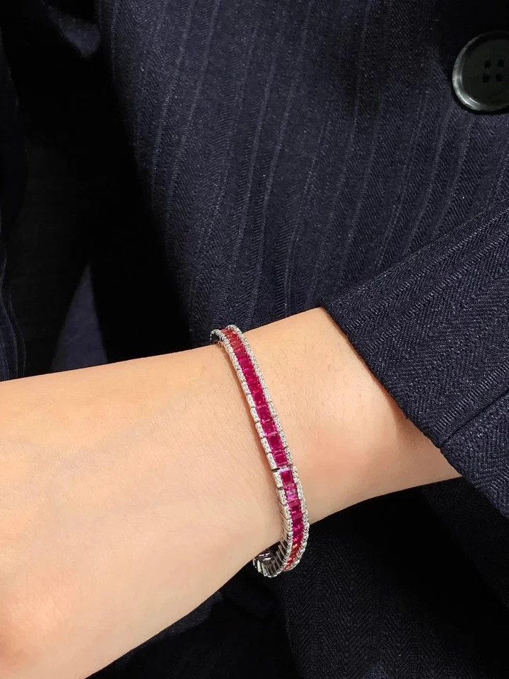 12Ct Princess Cut Lab Created Pink Ruby & Diamond Bracelet 14k White Gold Plated