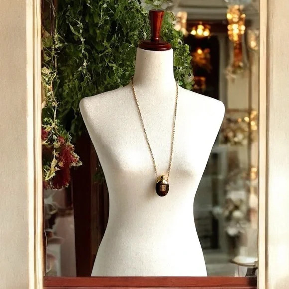 Vintage Givenchy 1977 Perfume Pendant Monogram Logo Tortoise Shell Stone 28″