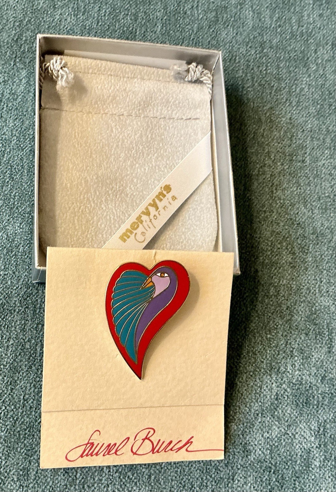 Laurel Burch Dove On Heart Pin, Ceramic & Enamel, NEW, Never Worn, Vintage