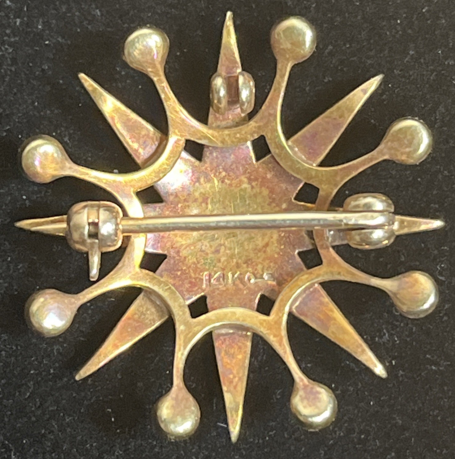 Antique Victorian 14K Gold Starburst Brooch Pin Seed Pearl AJ Hedges Sign 4.64g