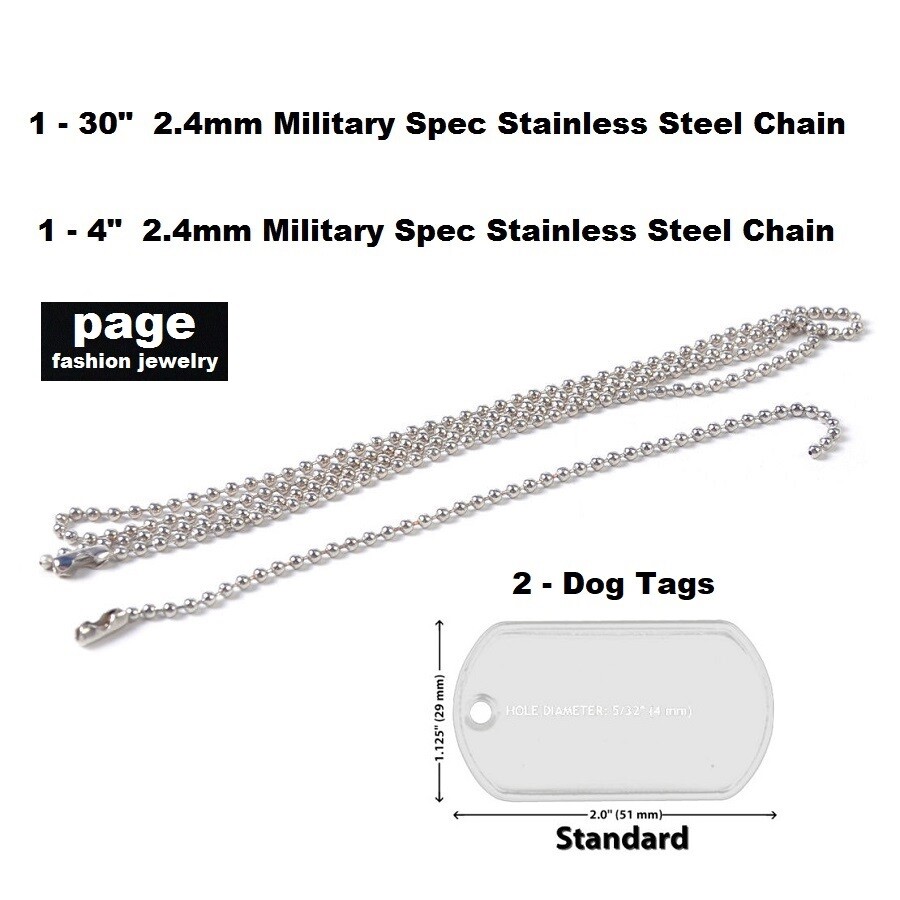 Stainless Steel Military Spec. Blank Double Dog Tags w/30″ + 4″ Chains Necklace