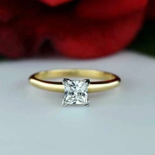 1Ct Solitaire Princess Cut Lab Created Diamond Promise Ring 14k Yellow Gold FN