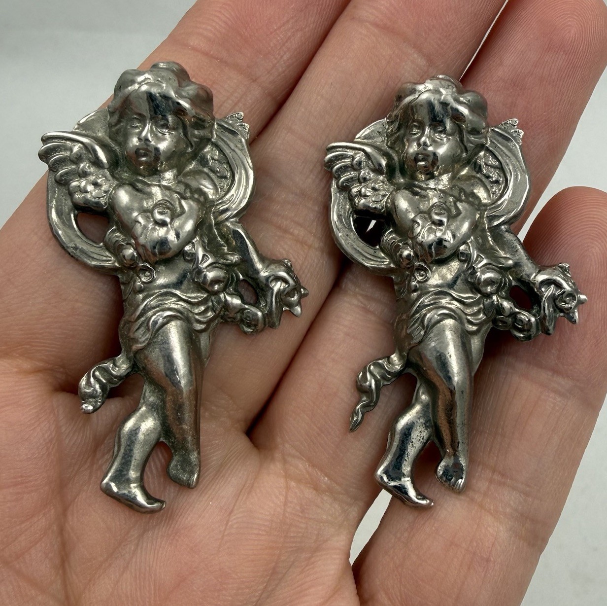 Vintage Pair Lot Of 2, 3D Angel Cherubs Sterling Silver Pendant Brooch 7.3 Grams