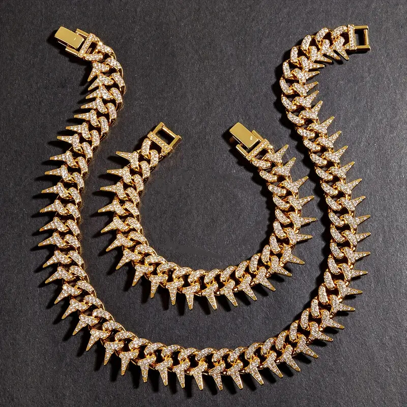 HIP HOP JEWELRY CUBIC ZIRCONIA ICED SPIKE CHAIN BLING BRACELET & NECKLACE SET