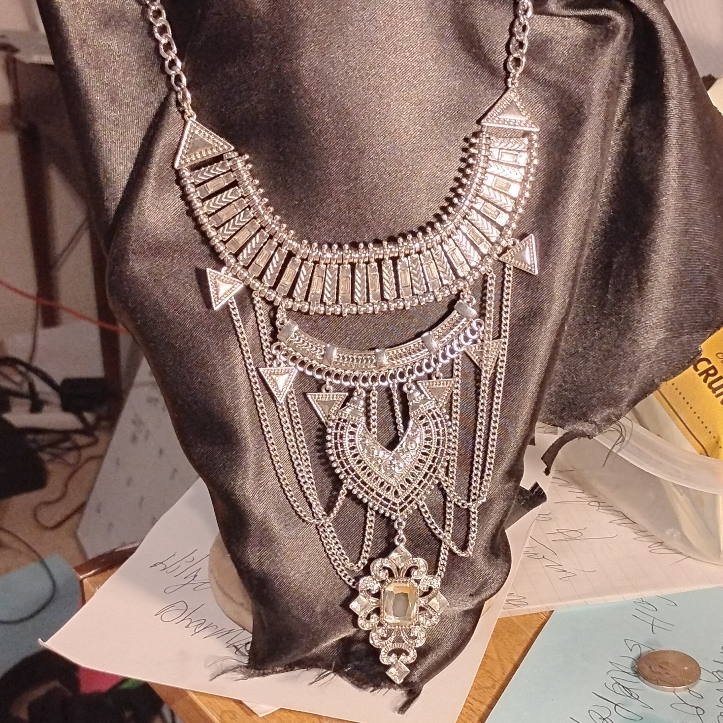 Silver Tone Statement Bib Layered Chain Clear Crystal Rectangle Pendant