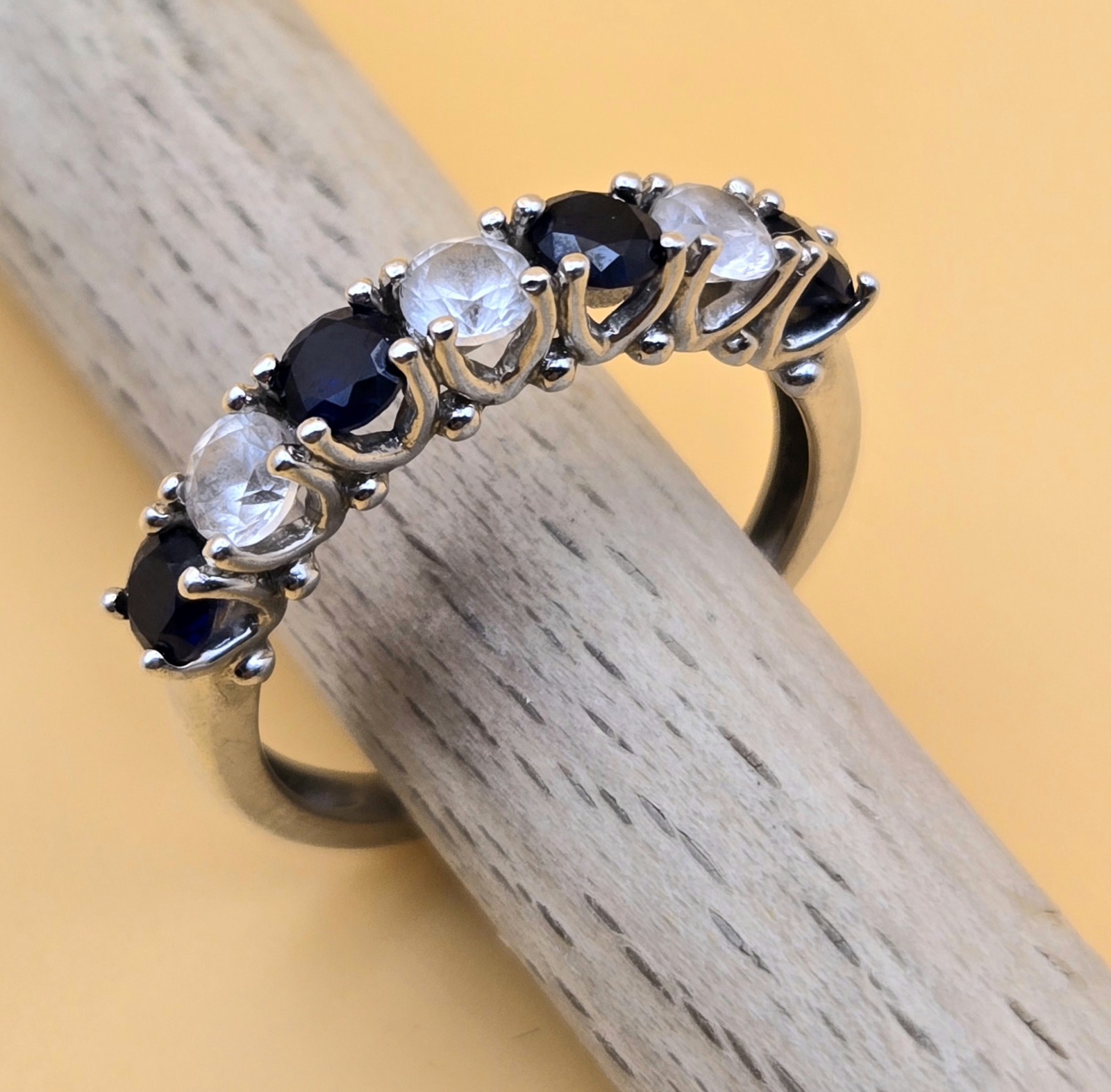 Simulated Sapphire And Clear Crystal Stamped Sterling Silver 925 Ring Size 7