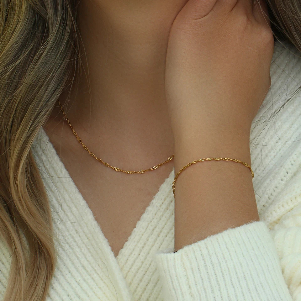 Gold Plated Bracelet Water Wave Stainless Steel Chain Polished Finish Jewelry