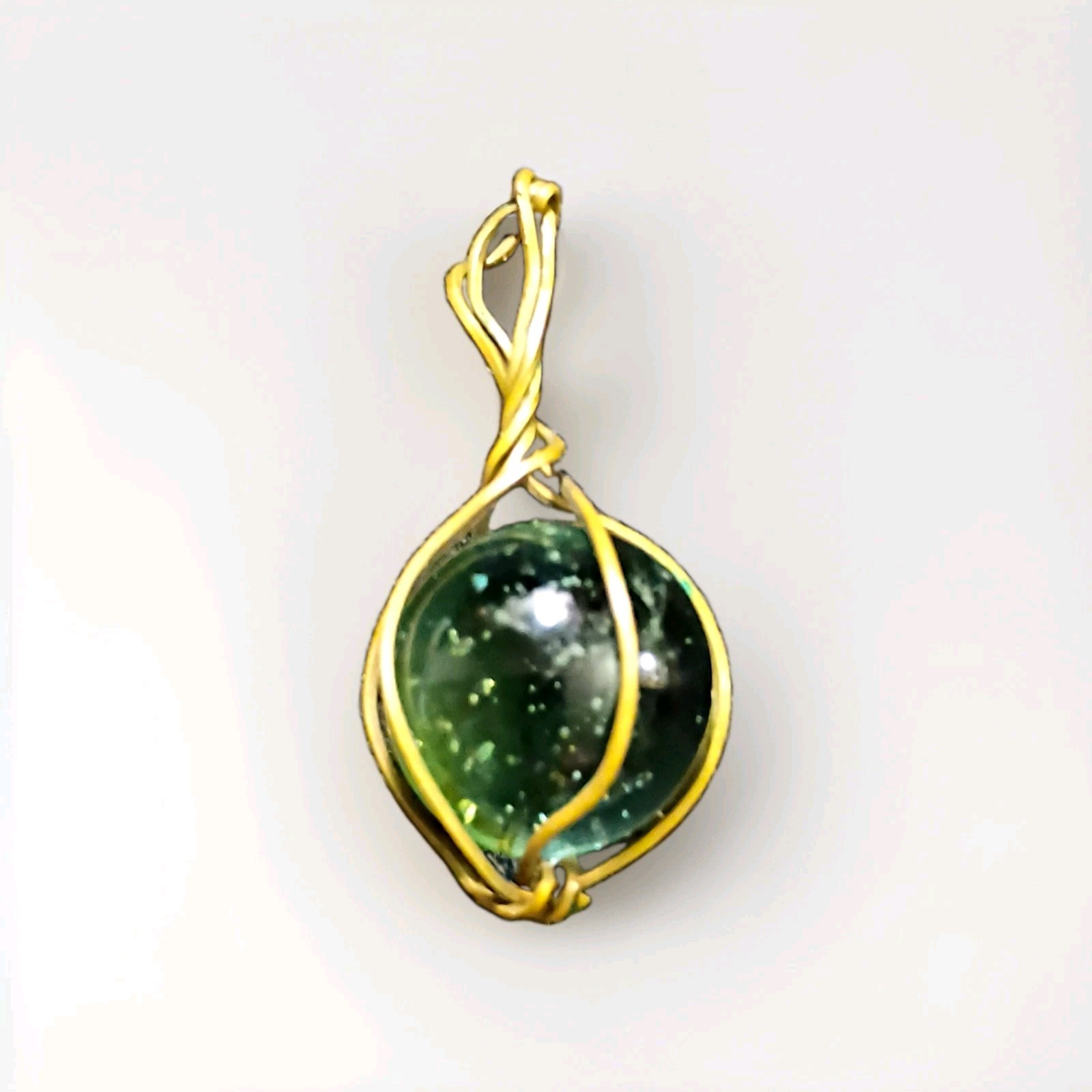 Handmade Green Round Glass Marble Wire-Wrapped Pendant Charm