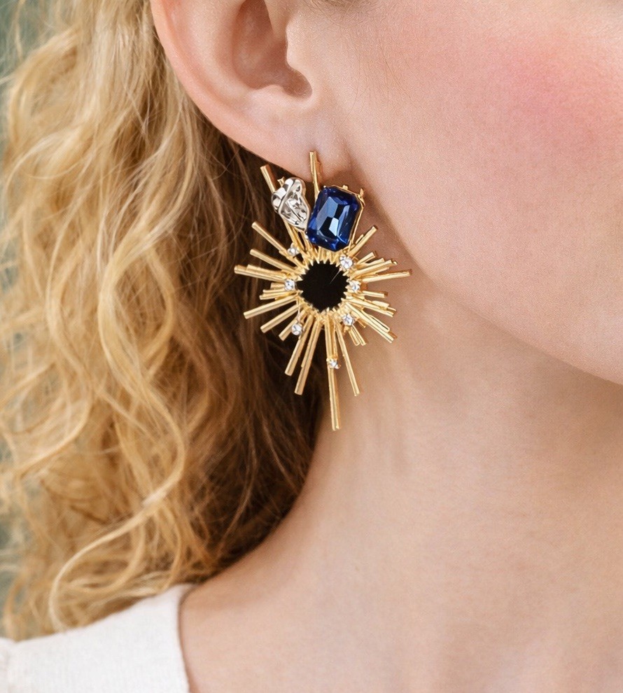 Art Deco Sunburst Earrings Gold CZ Star Museum Modern Molten Sun Boho Art Retro