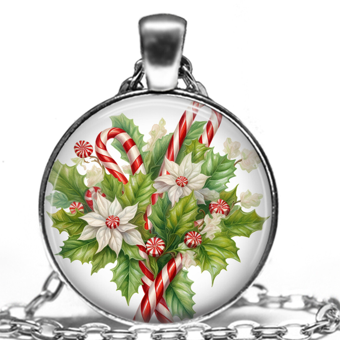 Christmas Candy Canes Holly Berries Holiday Gift Pendant Necklace 24″ Link Chain