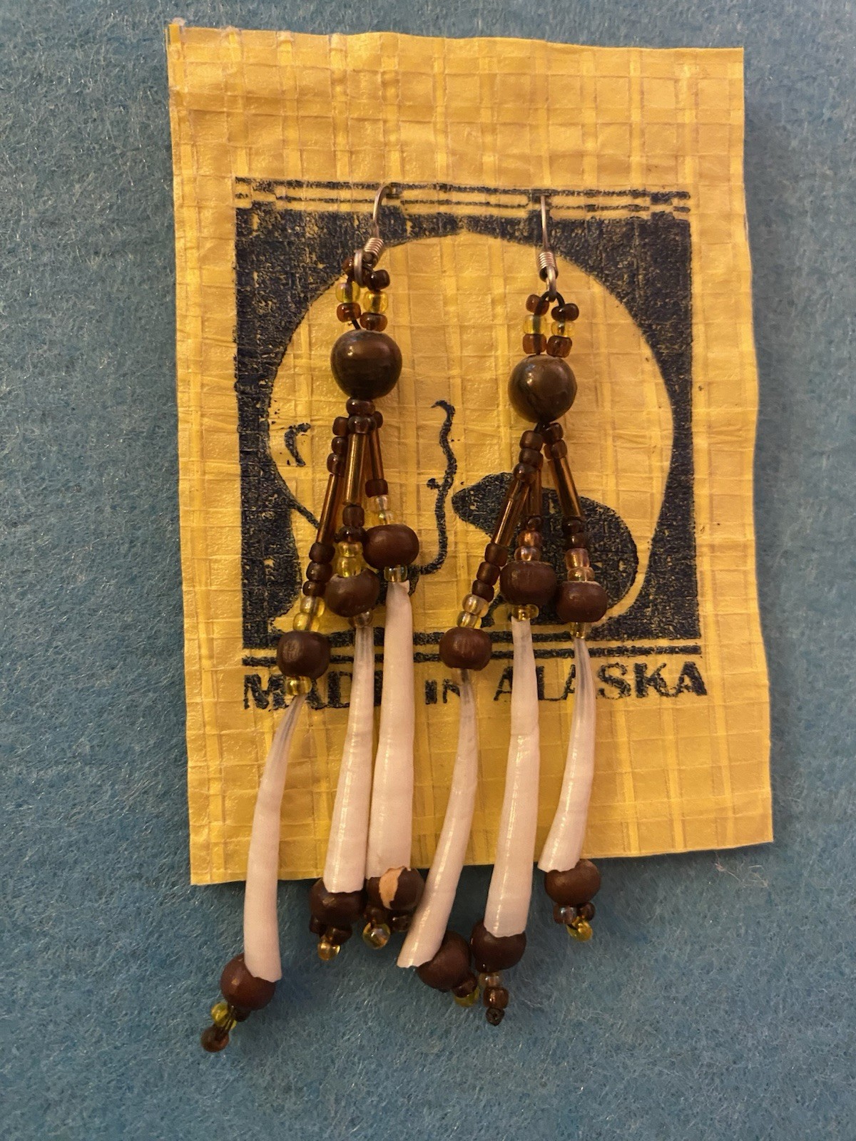Beaded Earrings Handmade In Alaska. Glass And Resin Beads Dangly Brown And White