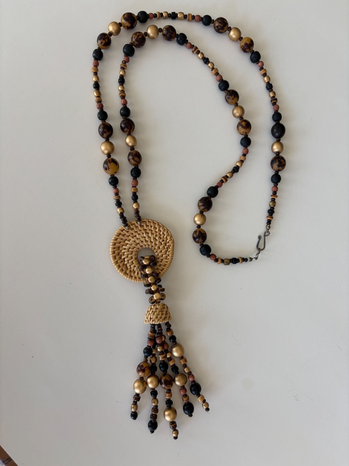 Vtg Wood Beaded Pendant Necklace, 80’s – 90’s, 36″ beaded chain w 7″ Pendant