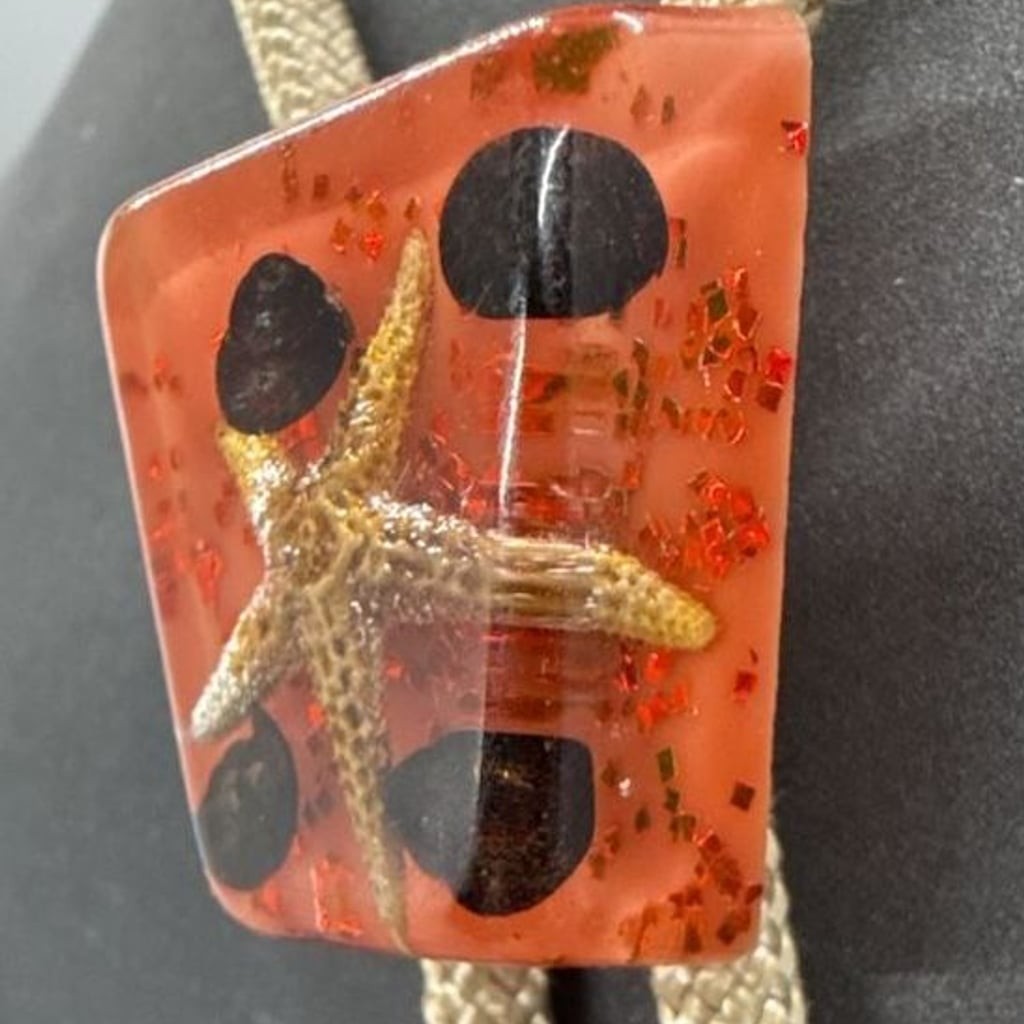 Southwestern Resin Bolo Tie Starfish Beach Shell Inlay Coastal Tan Cord Vintage