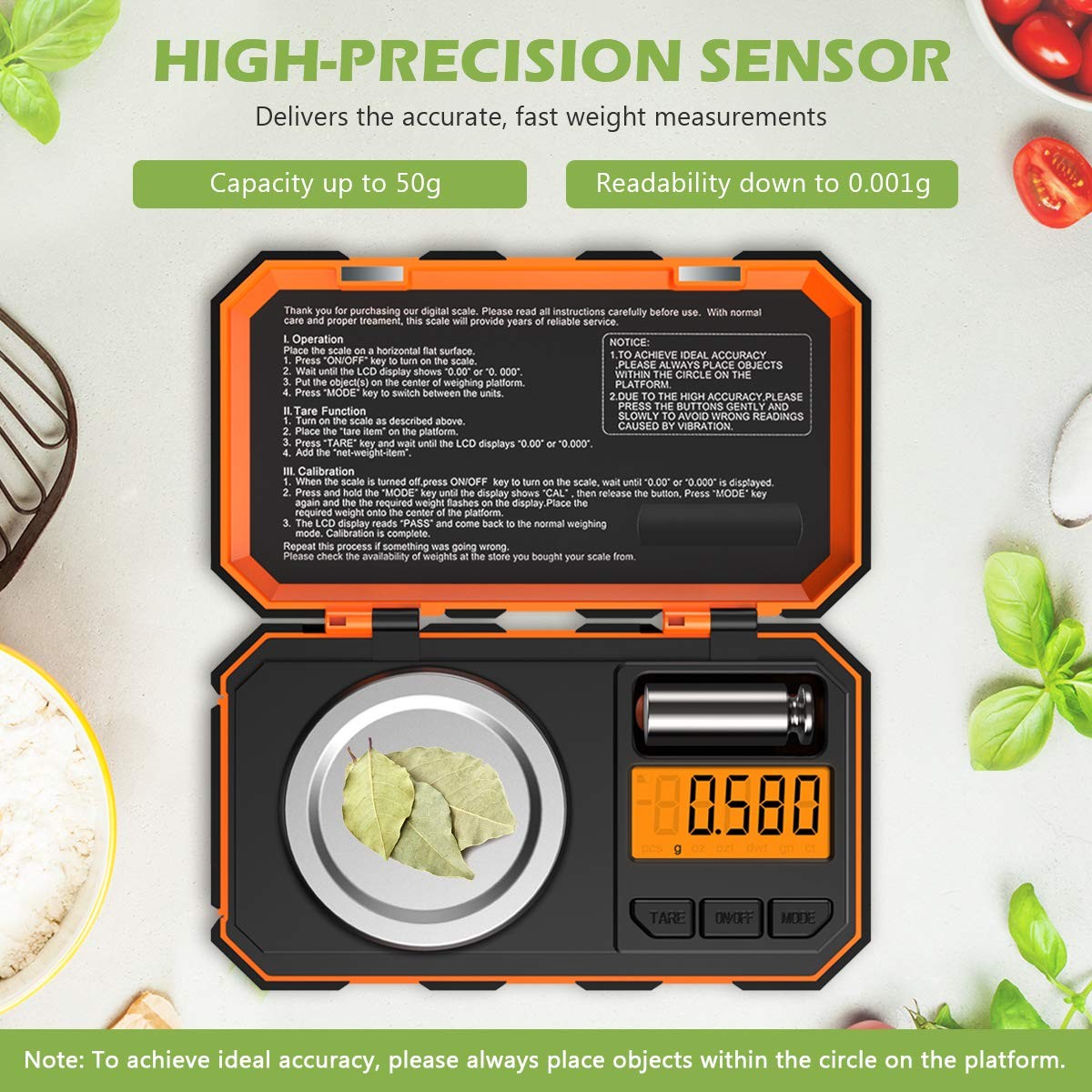 High Precision Orange Digital Jewelry Scale 50g Compact Portable Tare Function