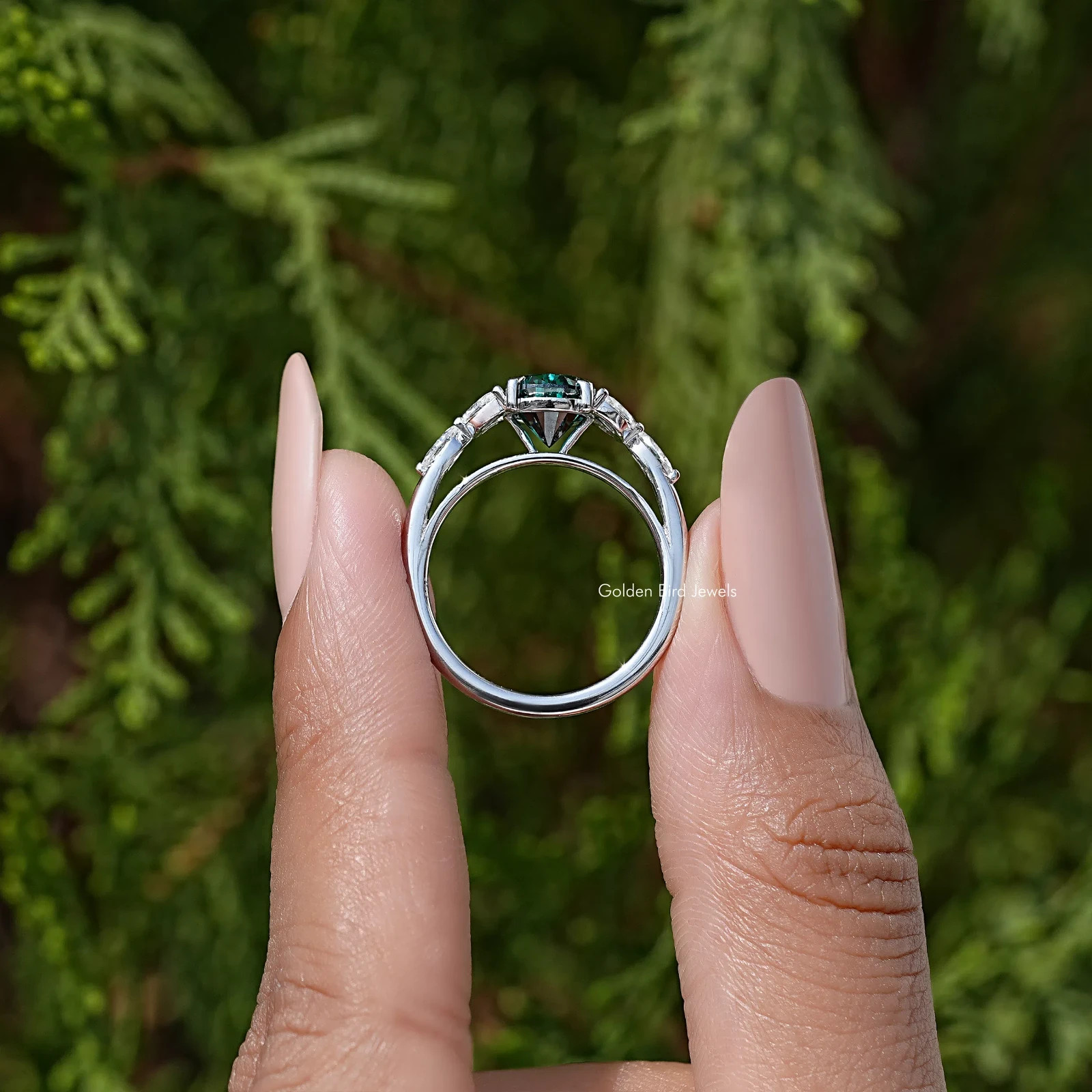 Green Pear Diamond Leaf Accent Engagement Ring