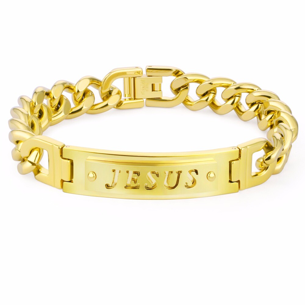 LUXURY MENS STAINLESS STEEL GOLD PLATE JESUS ENGRAVING BRACELET B0139HKG