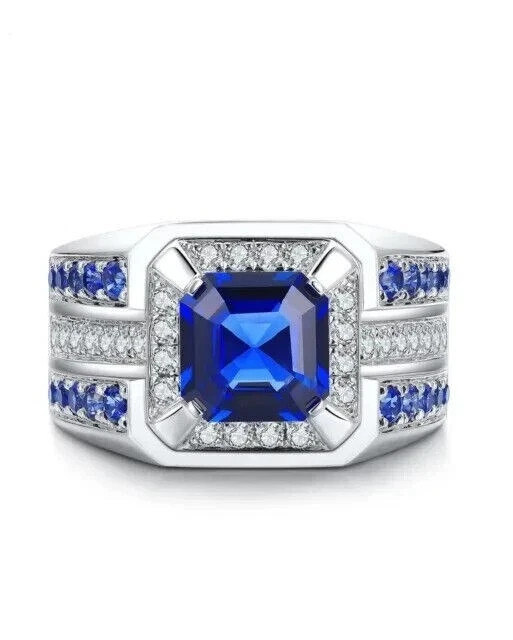 3Ct Asscher Cut Lab-Created Sapphire Wedding Ring Man’s 14k White Gold Plated