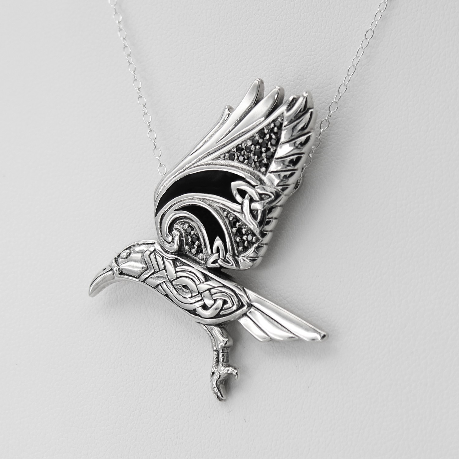 Sterling Silver Flying Celtic Knot Triquetra Raven Pendant Crow Knotwork Jewelry