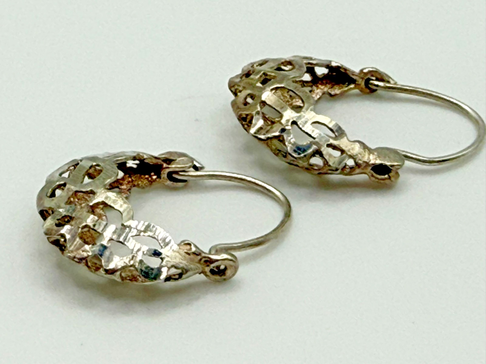 Silver Open Lattice Cutwork Crown Silhouette Hoop Earrings