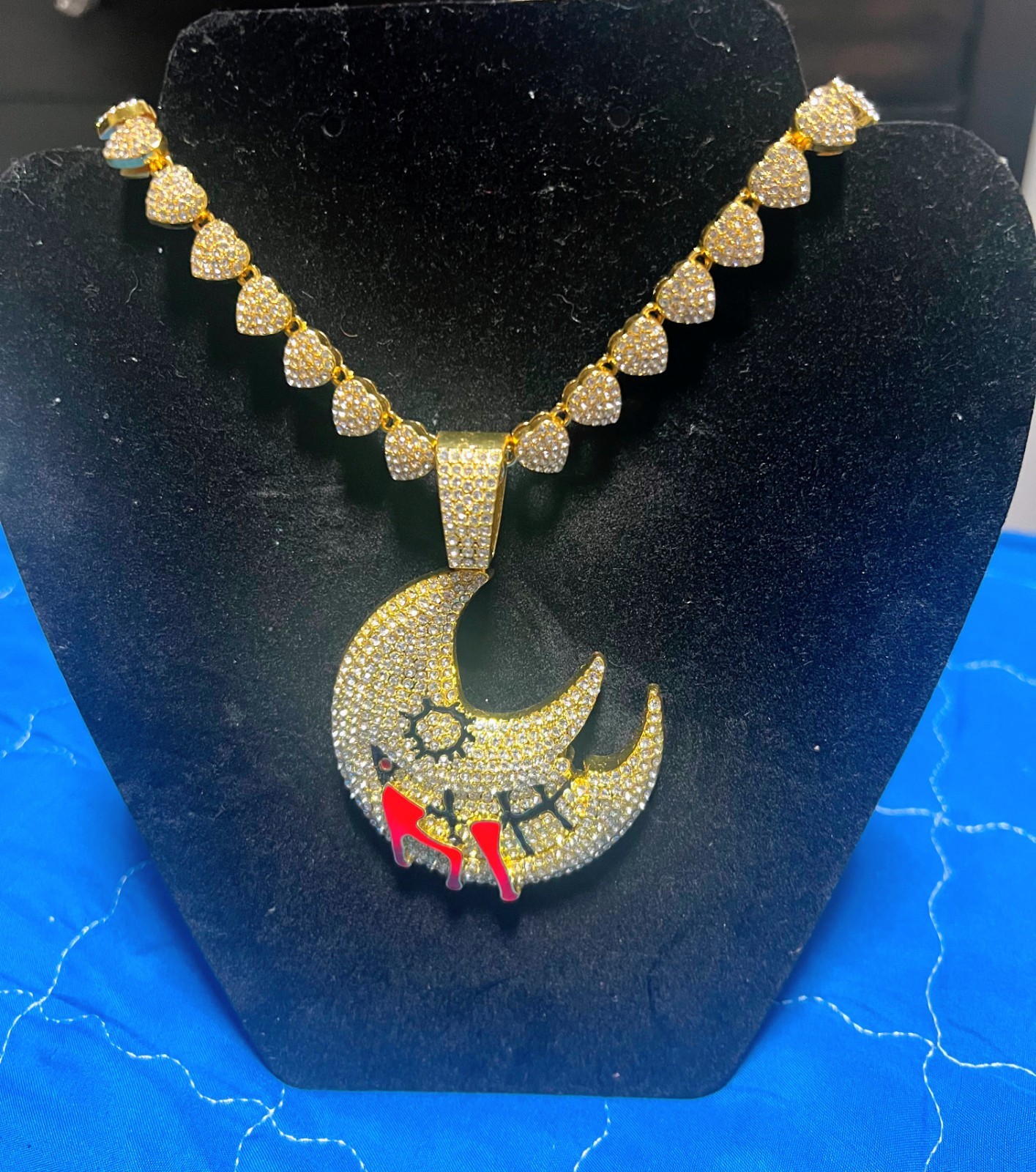 Gold Tone Pavé Rhinestone Crescent Moon Charm Pendant Chain Necklace