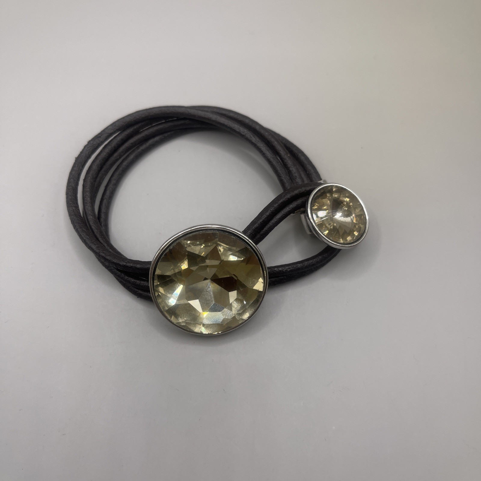 Leather Brown Cord Bracelet Jumbo Metal Clasp Crystal Rhinestone Lock 4 Strand