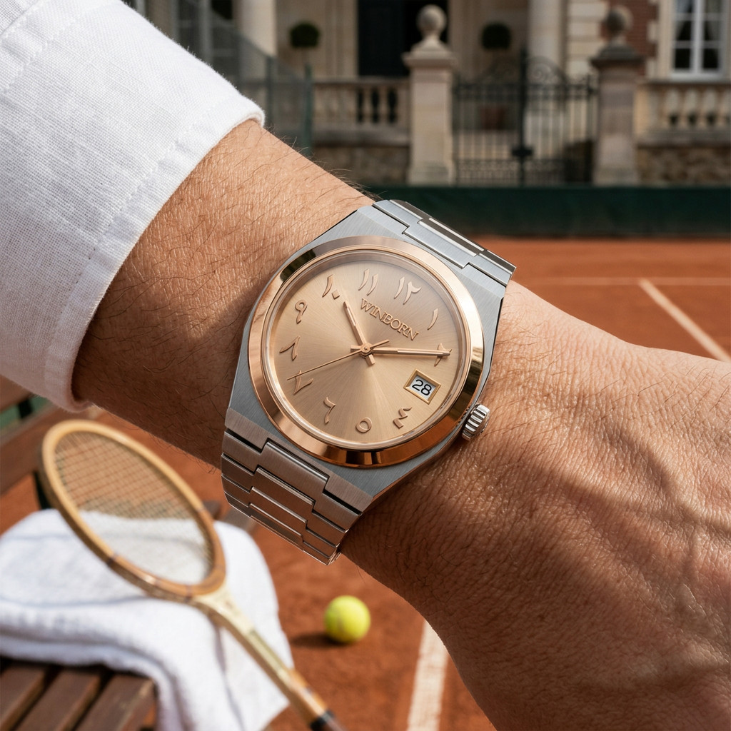 WINBORN Champagne Arabic Numeral Date Watch Rose Gold Bezel Bracelet