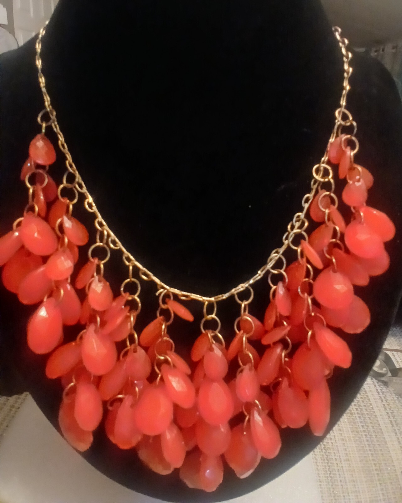Gold Tone Acrylic Bib Style Statement Necklace Blood Orange
