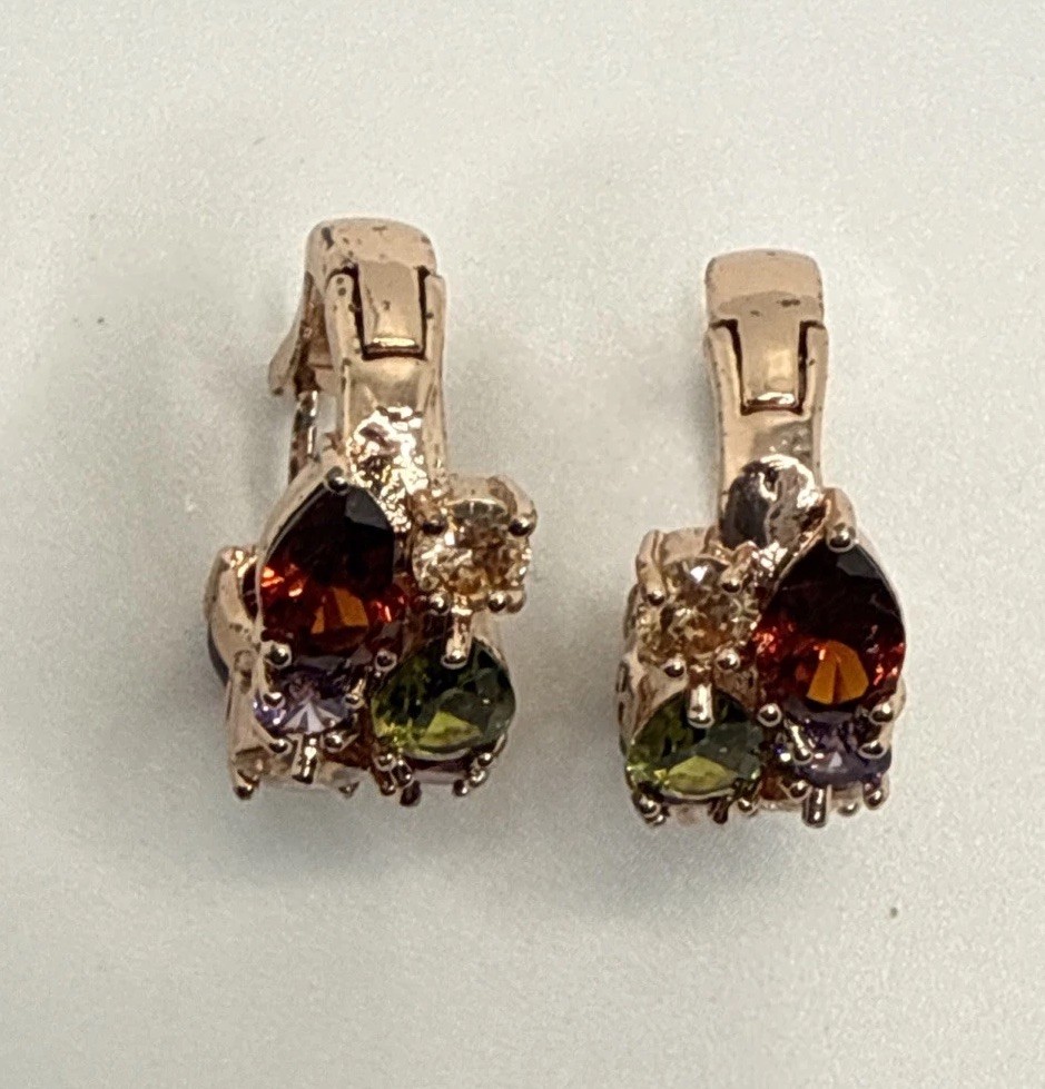 Rose Gold Tone Multicolor Gemstone Hoop Earrings Elegant Statement Earrings