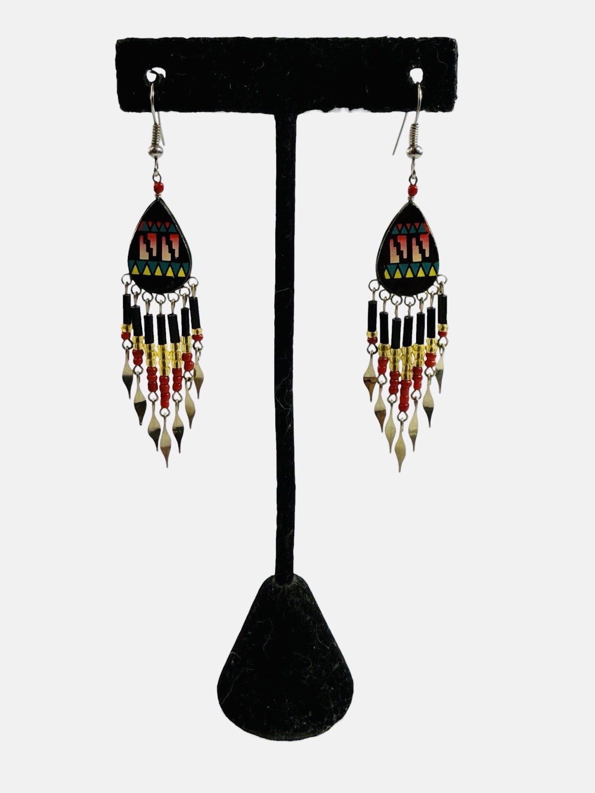 Southwest Boho Beaded Fringe Dangle Drop Hook Earrings Green Red Yellow Silver