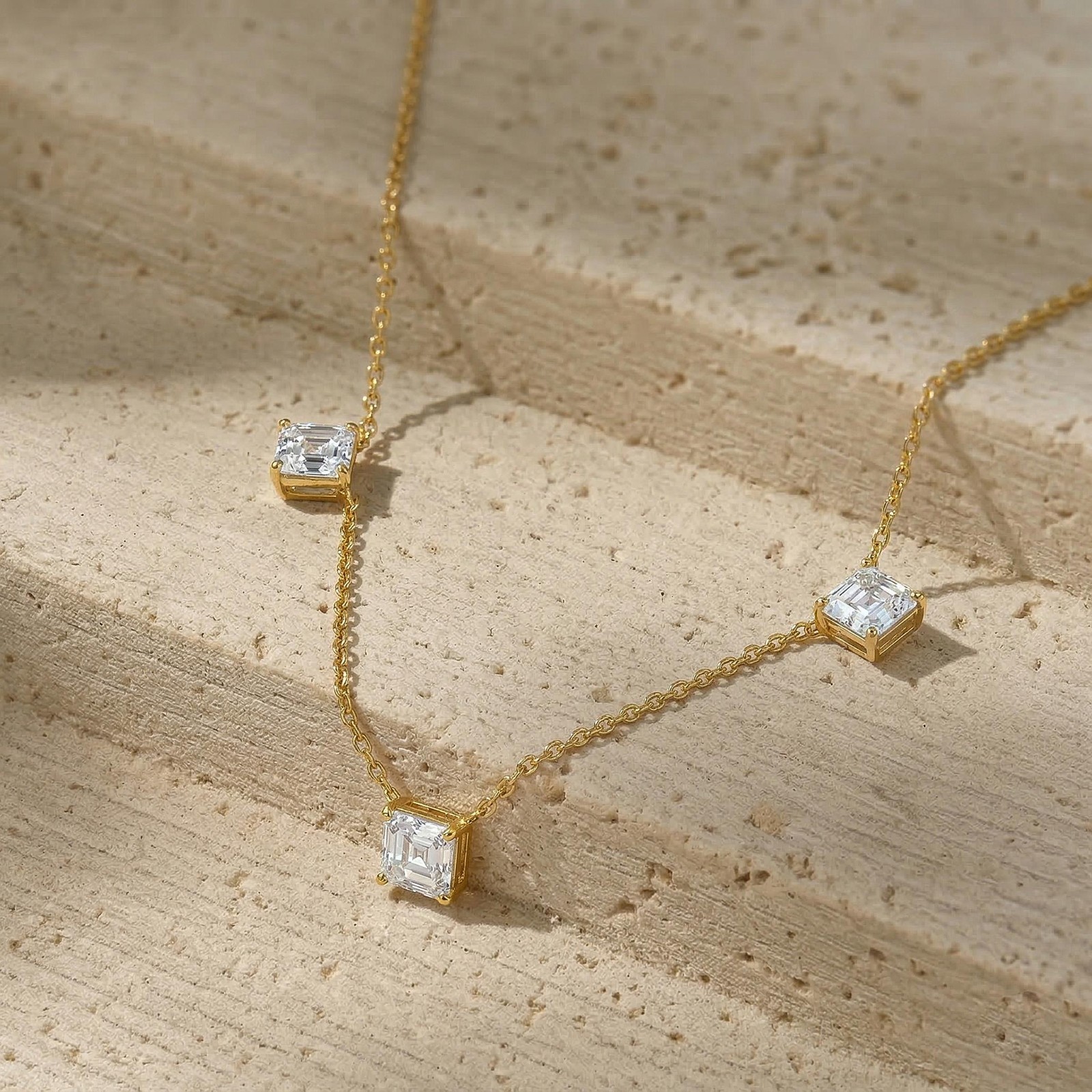 Dainty Gold Three Stone Necklace, White Zircon Necklace, Minimalist Station Neck