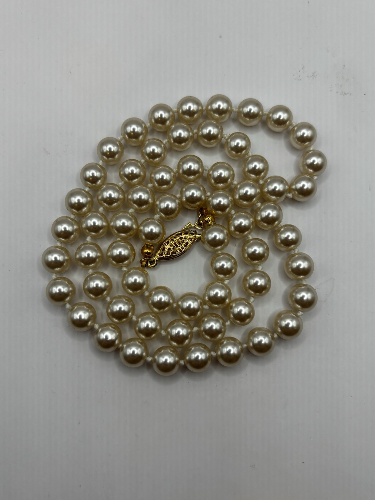 Vintage Faux Pearl Necklace 22” Knotted Strand Gold Tone Push Lock Clasp Luster