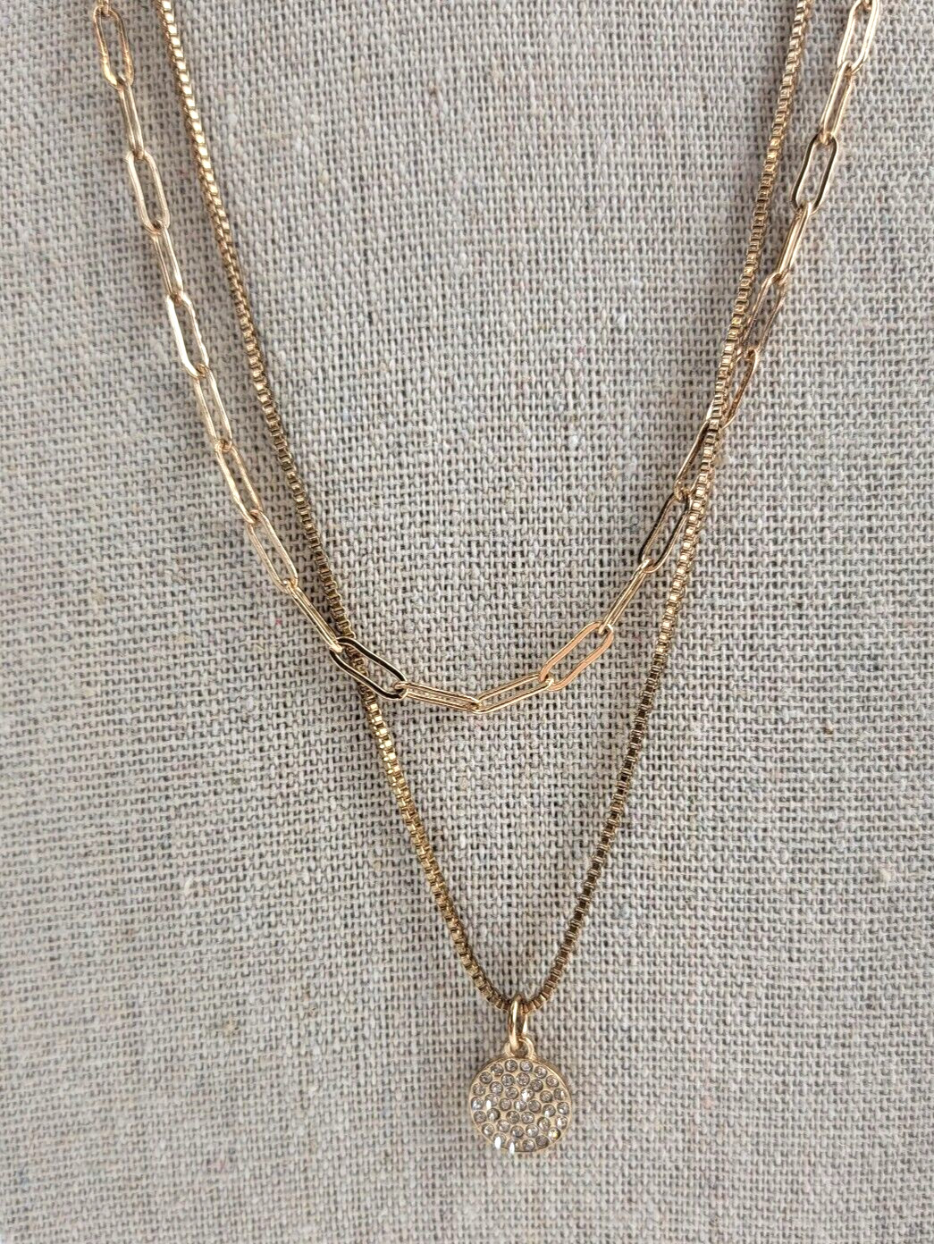 Rose Gold-Tone Double Chain Rhinestone Circle Pendant Necklace 20.5 in