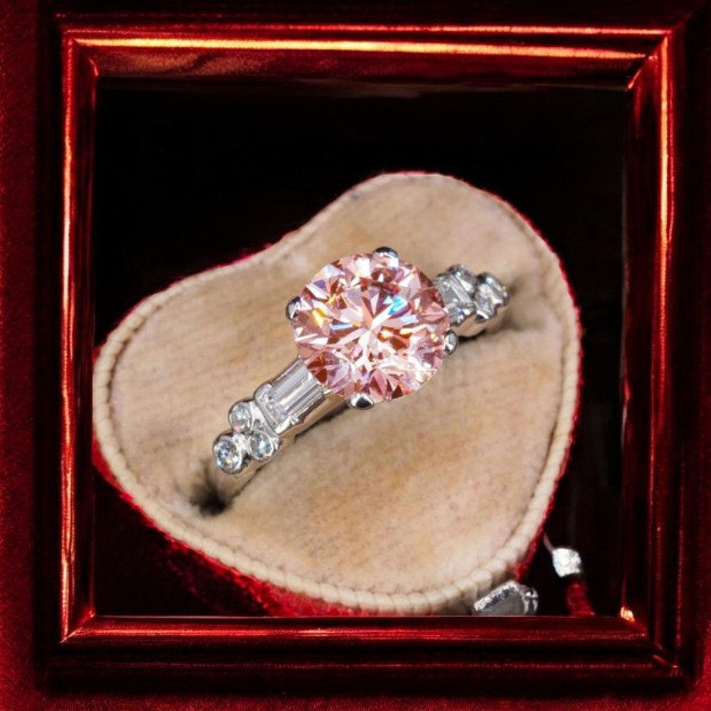 2.90 Ct Round Cut Fancy Intense Pink Diamond Ring IGI Lab Created 950 Platinum