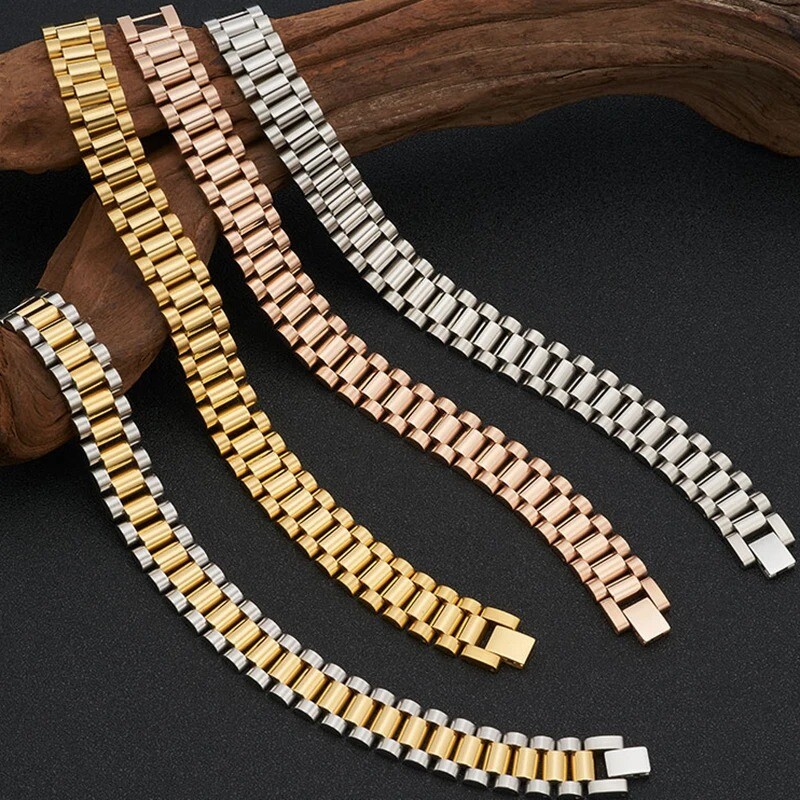 15MM Wide 8/8.86‘’ Watch Chain Wristband Bracelet Gold Plated Stainless Steel
