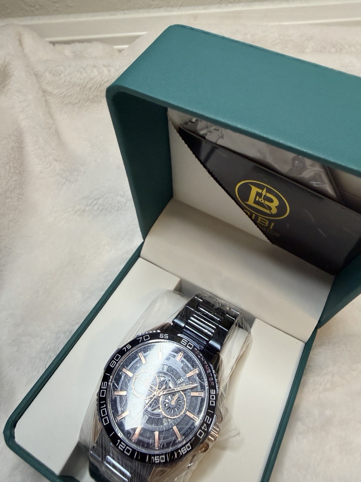 BIBI Blue Dial Chronograph Quartz Gold Blue Tone Metal Bracelet Tachymeter Box